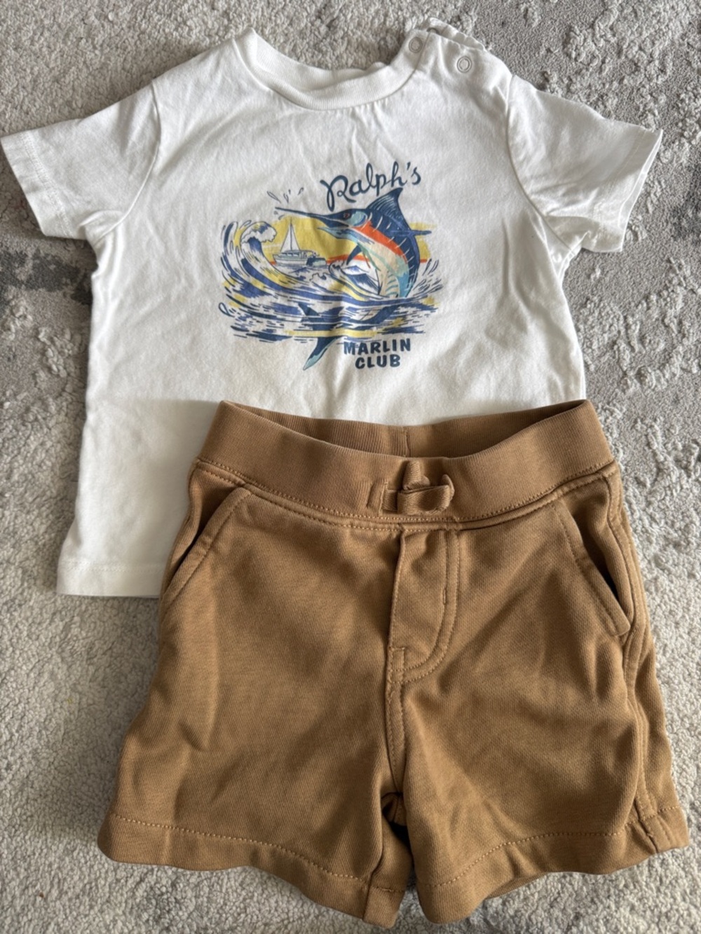 Ralph Lauren White Marlin Graphic Tee with Tan Shorts